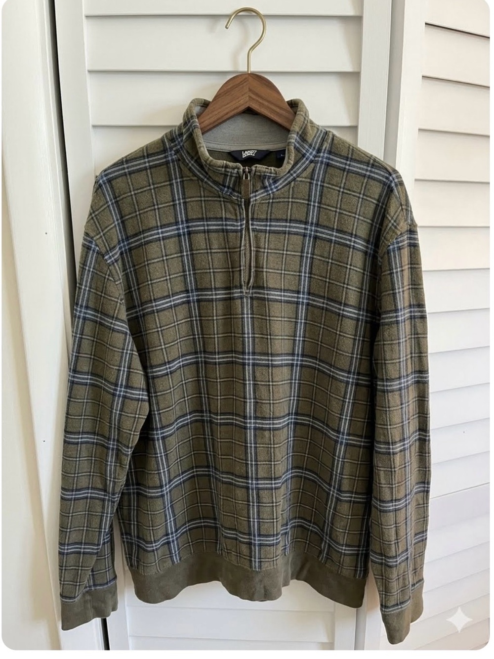 Lands’ End Olive Plaid Quarter-Zip Sweater